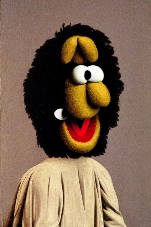 Prompt: a muppet painted by Caravaggio, dark black background