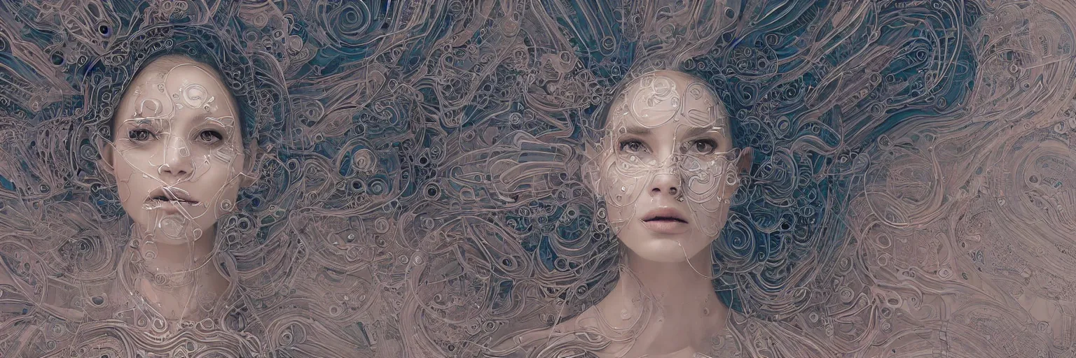 Prompt: The face of a very beautiful goddess radiating an artwork made from layers of technical drawings and architectural plans, very detailed and intricate with callout texts, leaders, arrows and bubbles by James Jean and Ross Tran and WLOP , hyperrealism, swirling acrylics, subsurface scattering, octane render, bokeh, 8k, xparticles