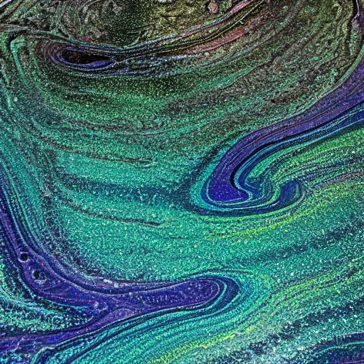 Prompt: Art Nouveau cresting oil slick waves, hyperdetailed bubbles in a shiny iridescent oil slick wave