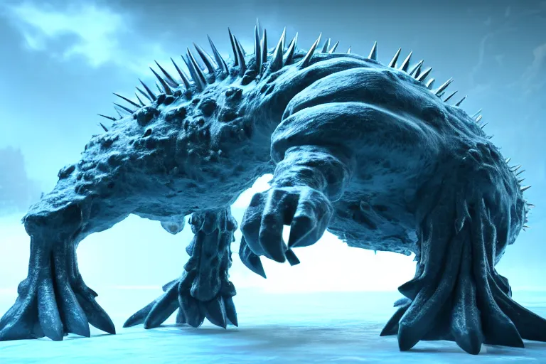 Prompt: huge bulky ice creature made out of a humanoid nervous system with large meaty spikes all over the body, cinematic, volumetric lighting, f 8 aperture, cinematic eastman 5 3 8 4 film, photorealistic