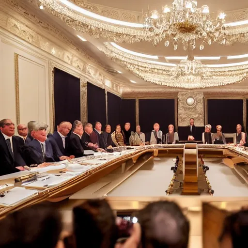 Prompt: 8k photo of a queen addressing a cabinet meeting. Nikon, beautiful lights, golden