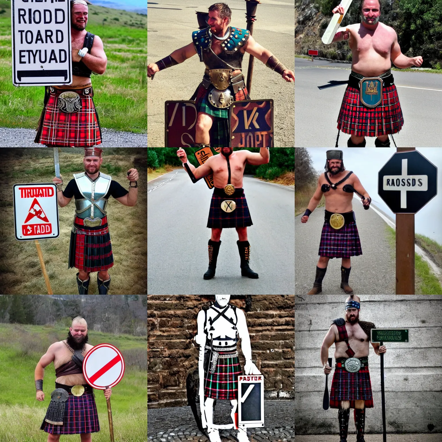 Prompt: gladiator wearing a road sign kilt