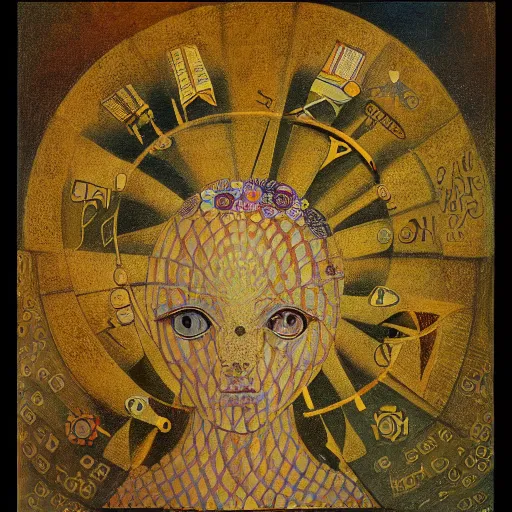 Prompt: complex mathematical equations surrounding small image of athena, inspired by bosch, klimt, klee, o'keefe. mathematical paradise, detailed beautiful animals, handwritten equation heaven, calligraphy formula, detailed beautiful plants, 3 d platonic solids, elegant intricate diagrams, beautiful equations, oil paint, color, hyperrealistic, detailed, on loan from louvre, masterpiece