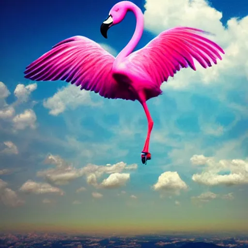 Prompt: goddess wearing a flamingo fashion on the clouds, photoshop, colossal, creative, giant, digital art, photo manipulation, clouds, sky view from the airplane window