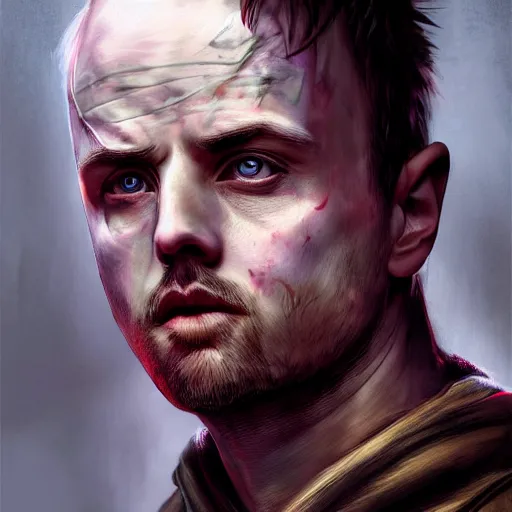 Image similar to Jesse Pinkman, zombie killer, portrait, fantasy, beautiful face, medieval, vivid colors, elegant, concept art, sharp focus, digital art, Hyper-realistic, 4K, Unreal Engine, Highly Detailed, HD, Dramatic Lighting by Brom, trending on Artstation