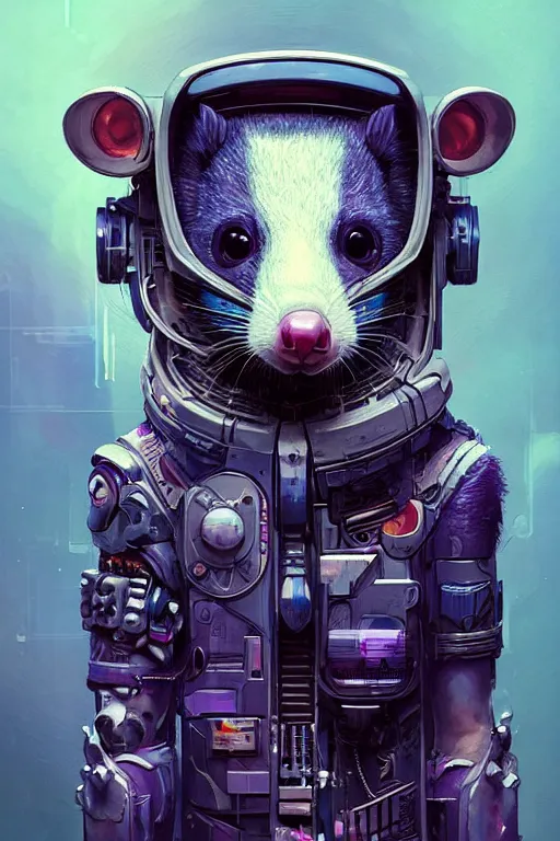 Image similar to a beautiful portrait of a cute cyberpunk opossum by sandra chevrier and greg rutkowski and wlop, purple blue color scheme, high key lighting, volumetric light, digital art, highly detailed, fine detail, intricate, ornate, complex, octane render, unreal engine, photorealistic