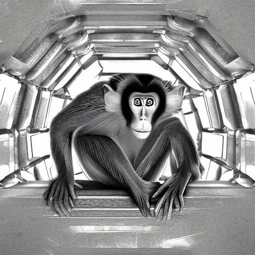 Image similar to macaque inside alien base, digital art,