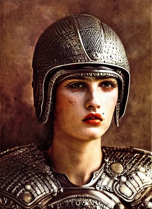 Prompt: close - up portrait athenian warrior with helmet and armor, art by irina ionesco