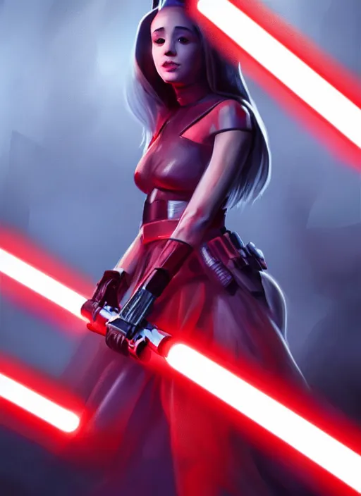 Image similar to Photo of Ariana Grande with a red lightsaber, Star Wars concept art, trending on artstation, dramatic lighting, photo-realistic