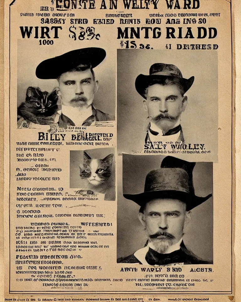 Prompt: 1880s wanted poster::titled Wanted $1000 Reward::kitten in a cowboy hat::named Billy the Kit