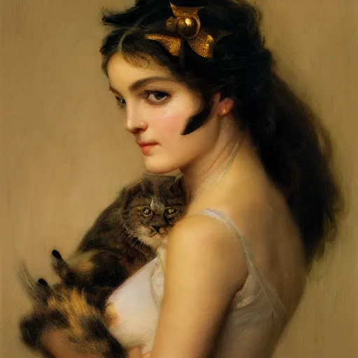 Image similar to detailed potrait of cat woman in baroque painting, girl graceful,, painting by gaston bussiere, craig mullins, j. c. leyendecker, lights, art by ernst haeckel, john william godward, hammershøi,,