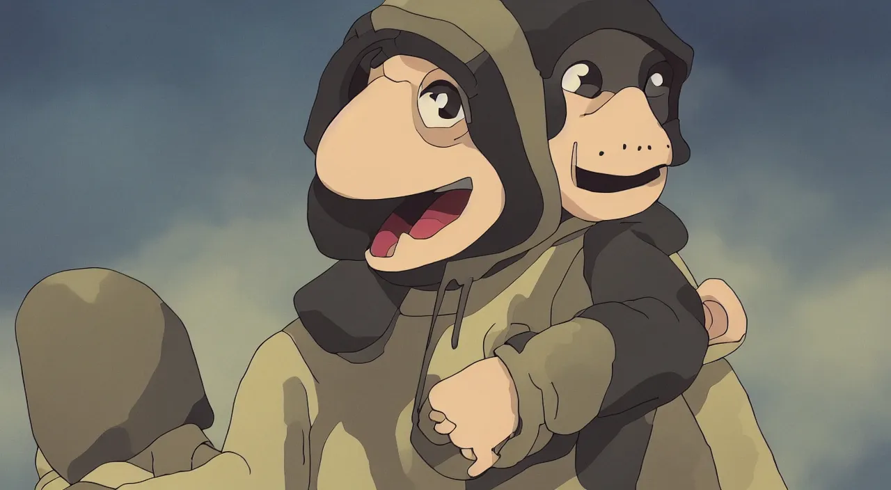 Image similar to (illustration) of A 3-d young hip ape kid wearing a hoodie, by Studio Ghibli, 8k, soft lighting, cartoon look, face enhance, sharp focus, concept art, smooth