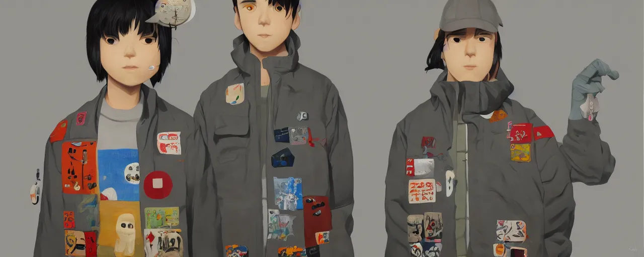 Prompt: gori fujita ilustration a game development studio, one cotton jacket and its copy made of patches painting by goro fujita, sharp focus, highly detailed, artstation