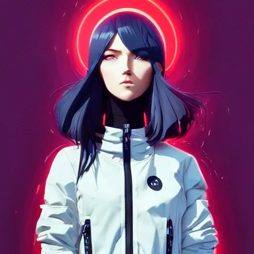 Prompt: poster woman with futuristic streetwear and hairstyle, open jacket, cute face, symmetrical face, pretty, beautiful, elegant, Anime by Kuvshinov Ilya, Cushart Krentz and Gilleard James, 4k, HDR, Trending on artstation, Behance, Pinterest