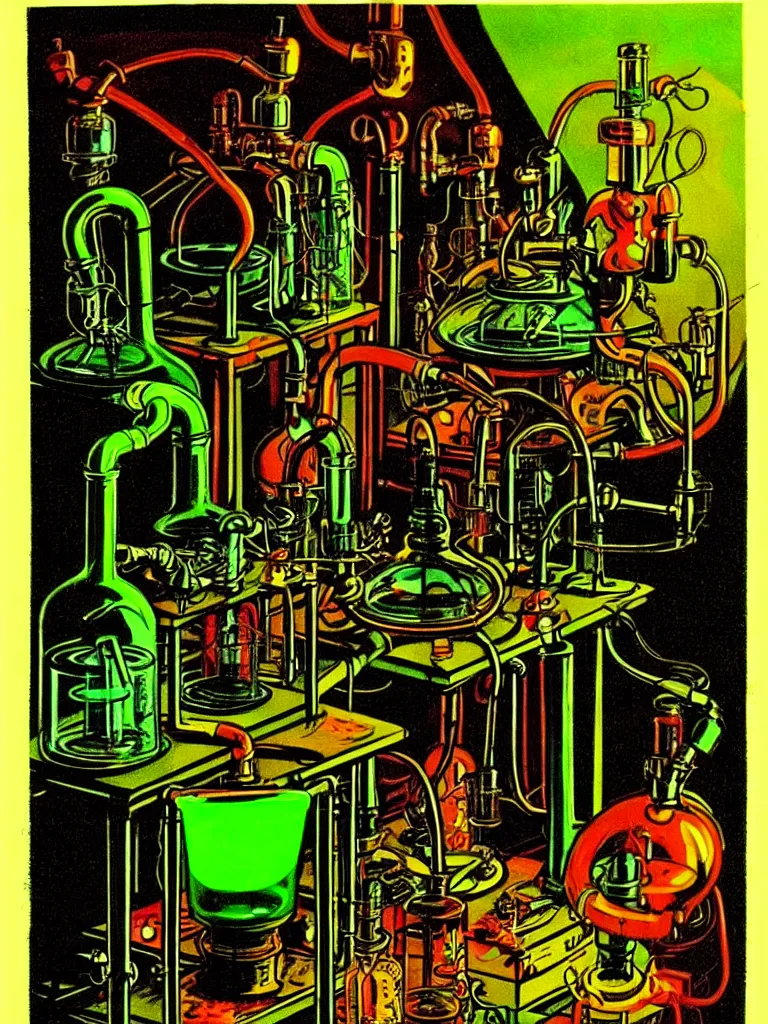 Prompt: Vibrant Colorful Vintage Horror Illustration of a Mad Scientist Experiment Poisonous Gas Laboratory. Glowing , Spooky lighting , Pinterest