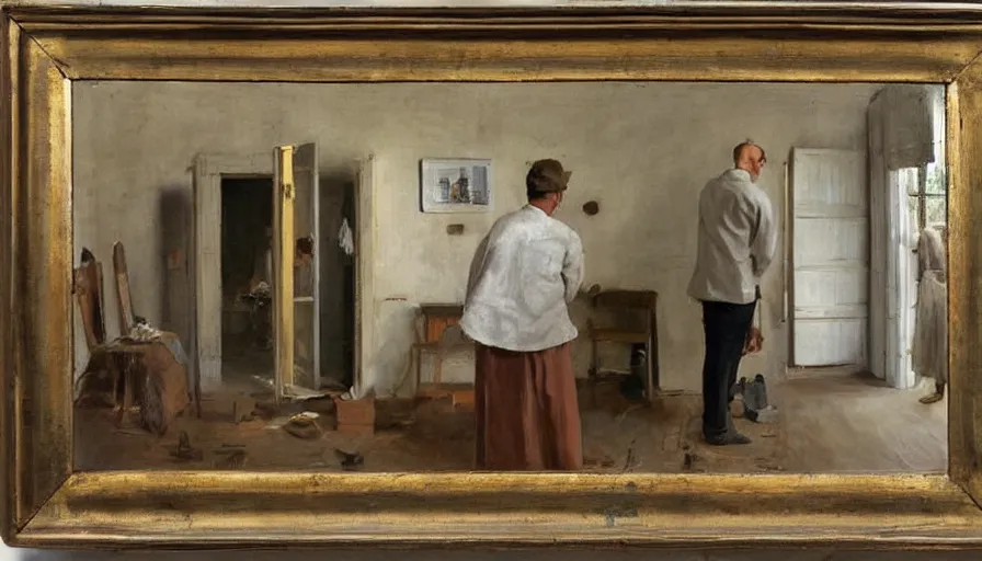 Image similar to painting by borremans, man back standing in front on the mirror and his back in the mirror with small village house and tiny modern car, detailed, stunning