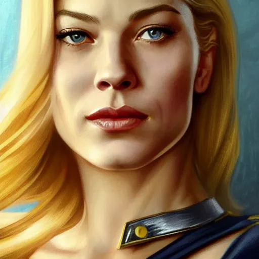 Image similar to A combination of Katheryn Winnick's and Grace Kelly's and Kristin Kreuk's faces with blonde hair as Captain Marvel, western, D&D, fantasy, intricate, elegant, highly detailed, digital painting, artstation, concept art, matte, sharp focus, illustration, art by Artgerm and Greg Rutkowski and Alphonse Mucha