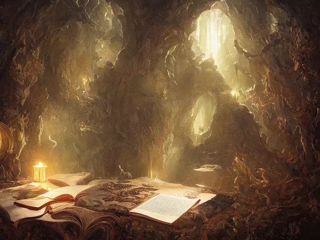 Image similar to detailed painting of a magical book open on a table that is a portal to a fantasy realm by Greg Rutkowski, fantasy, dramatic light