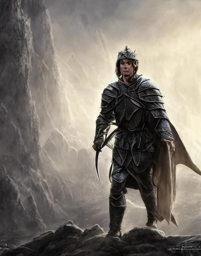 Image similar to A detailed realistic full body image of Steven Colbert in Lord Of The Rings human battle armor at the battle of Helm\'s Deep, gritty, ethereal hollywood film, high detail Impressionist style, dreamy light color palette, style of war, concept art stunning atmosphere, trending on artstation, volumetric light