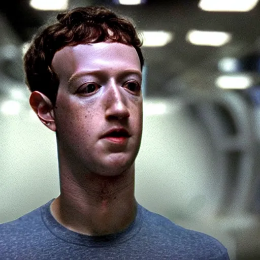 Image similar to a broken mark zuckerberg android leaking white fluid on the spaceship Nostromo from the movie Alien.
