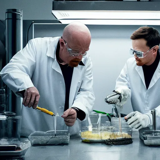 Image similar to elon musk and walter white cooking meth in a laboratory, amazing detail, detailed faces, sharp, 8k