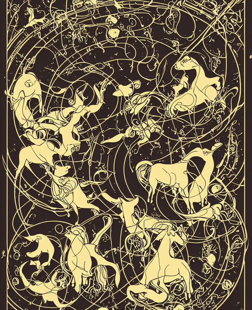 Image similar to goats in space!! art nouveau vector graphic poster!, grunge retro,