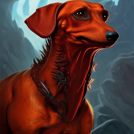 Image similar to a portrait of a fire elemental dachshund, fantasy concept art by Gerald Brom, highly detailed, intricate, sharp focus, Trending on Artstation HQ, deviantart, unreal engine 5, 4K UHD image