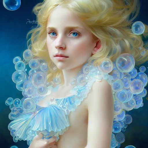 Image similar to portrait of magical little blond girl, dreamy and ethereal, blue eyes, peaceful expression, ornate frilly dress, fantasy, intricate, elegant, rainbow bubbles, highly detailed, digital painting, artstation, concept art, smooth, sharp focus, illustration, art by artgerm and greg rutkowski and alphonse mucha