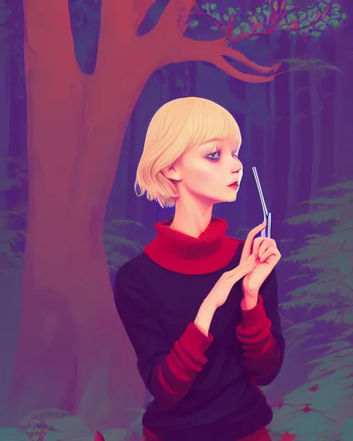 Image similar to digital illustration of pretty girl savrina with short blonde hair wearing a sweater, from alice in wonderland, smoking, in a wonderland forest at night, by ilya kuvshinov, lois van baarle, rossdraws, basquiat