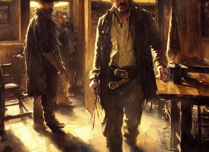 Prompt: oil watercolor painting of young rugged guy in western bar, stubble, long hair, mysterious light, art by anders zorn, wonderful masterpiece by greg rutkowski, beautiful cinematic light, american romanticism by greg manchess, creation by tyler edlin