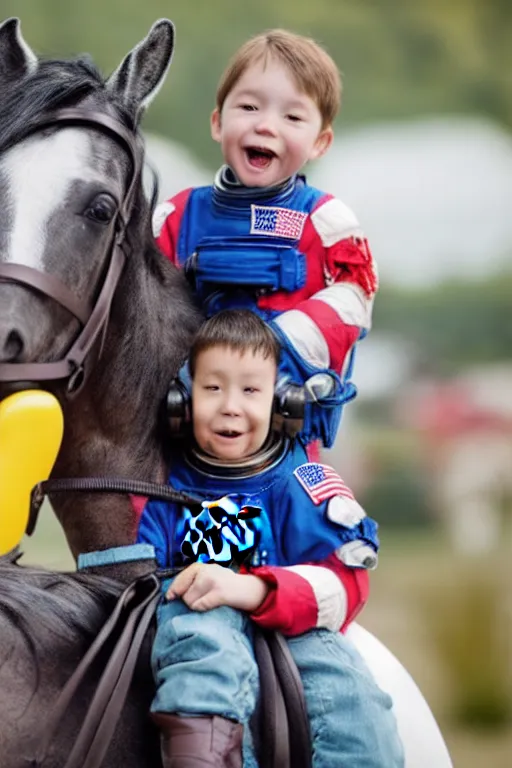 Image similar to a child in a horse mask sits on the shoulders of an astronaut