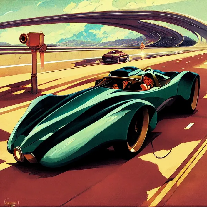 Prompt: fast car on highway, in the style of studio ghibli, j. c. leyendecker, greg rutkowski, artem