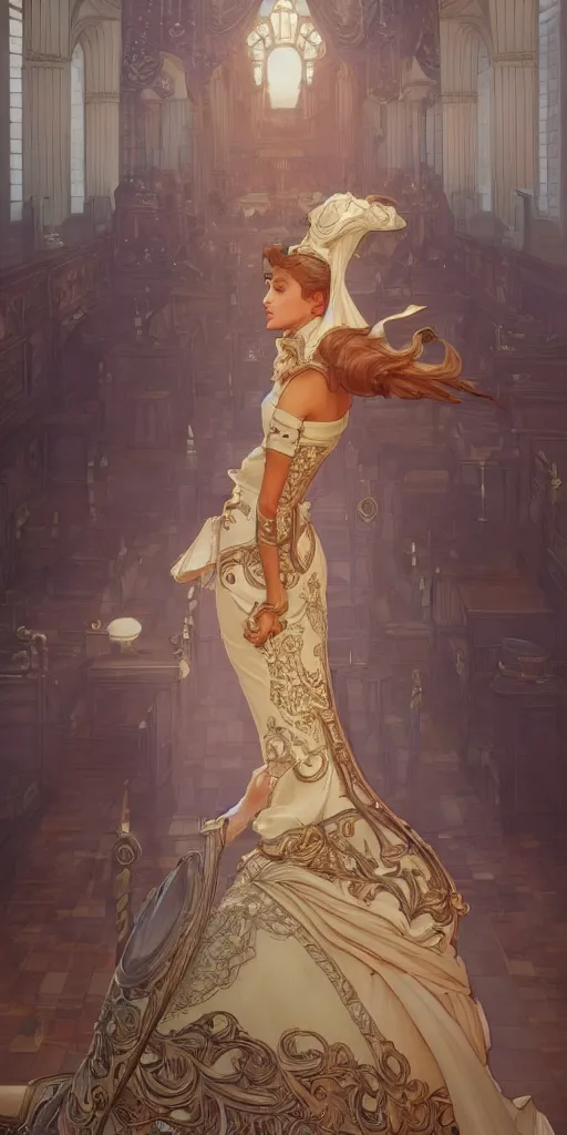 Prompt: mayors daughter, smart, clever, cheeky, elegant fantasy dress, town hall, intricate, highly detailed, digital painting, artstation, concept art, smooth, sharp focus, illustration, Unreal Engine 5, 8K, art by artgerm and greg rutkowski and alphonse mucha, by Jesper Ejsing