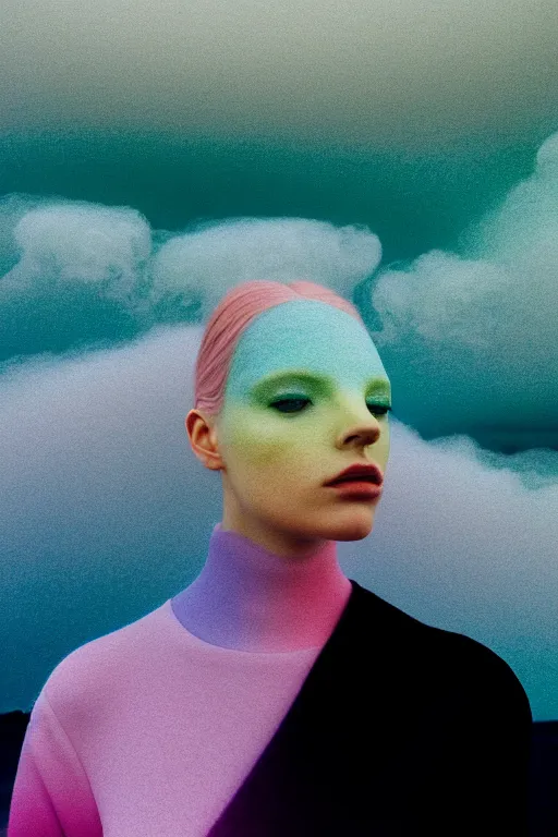 Image similar to high quality pastel coloured film close up wide angle photograph of a model wearing clothing swimming on cloud furniture in a icelandic black rock!! environment in a partially haze filled dreamstate world. three point light, rainbow. photographic production. art directed. pastel colours. volumetric clouds. pastel gradient overlay. waves glitch artefacts. extreme facial clarity. 8 k. filmic.