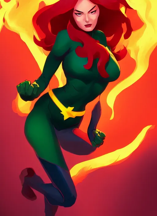 Prompt: jean grey phoenix, green suit, flames, in the style of artgerm and charlie bowater and atey ghailan and mike mignola, vibrant colors and hard shadows and strong rim light, epic lighting, comic cover art, plain background, trending on artstation, detailed