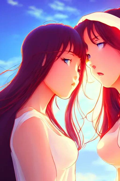 Image similar to two beautiful mothers outside on a hot summer evening, gorgeous faces, thick lines, cinematic lighting, detailed anime art