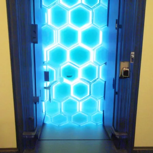 Image similar to a blue hexagonal door from the movie tron : legacy