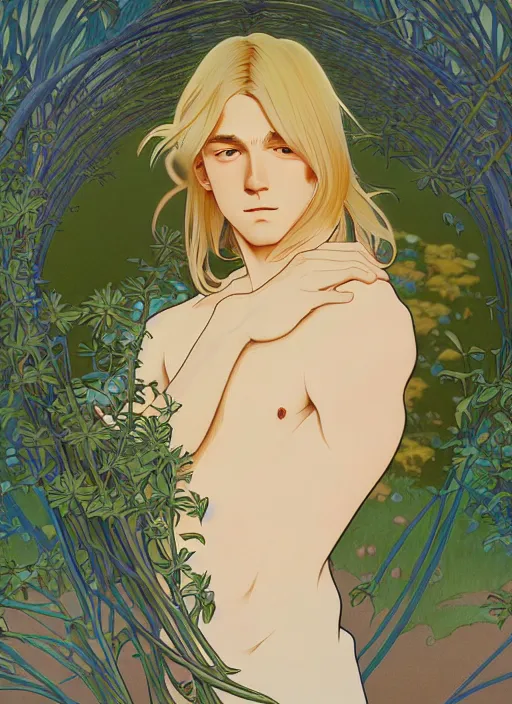 Image similar to pretty young man with shoulder length blond hair, male, half body shot, path traced, highly detailed, high quality, digital painting, by studio ghibli and alphonse mucha, leesha hannigan, hidari, art nouveau, chiho aoshima