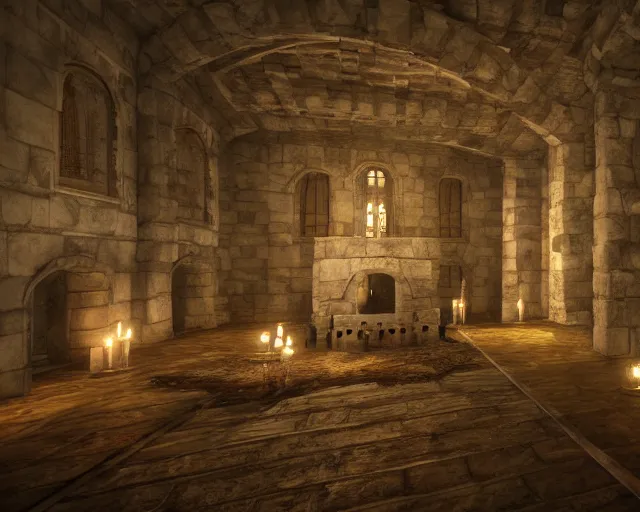 Prompt: the interior of a castle, rendered with ray tracing, volumetric lighting, smooth lighting, high detail shadows, moody lighting, candle lighting, high definition, large resolution