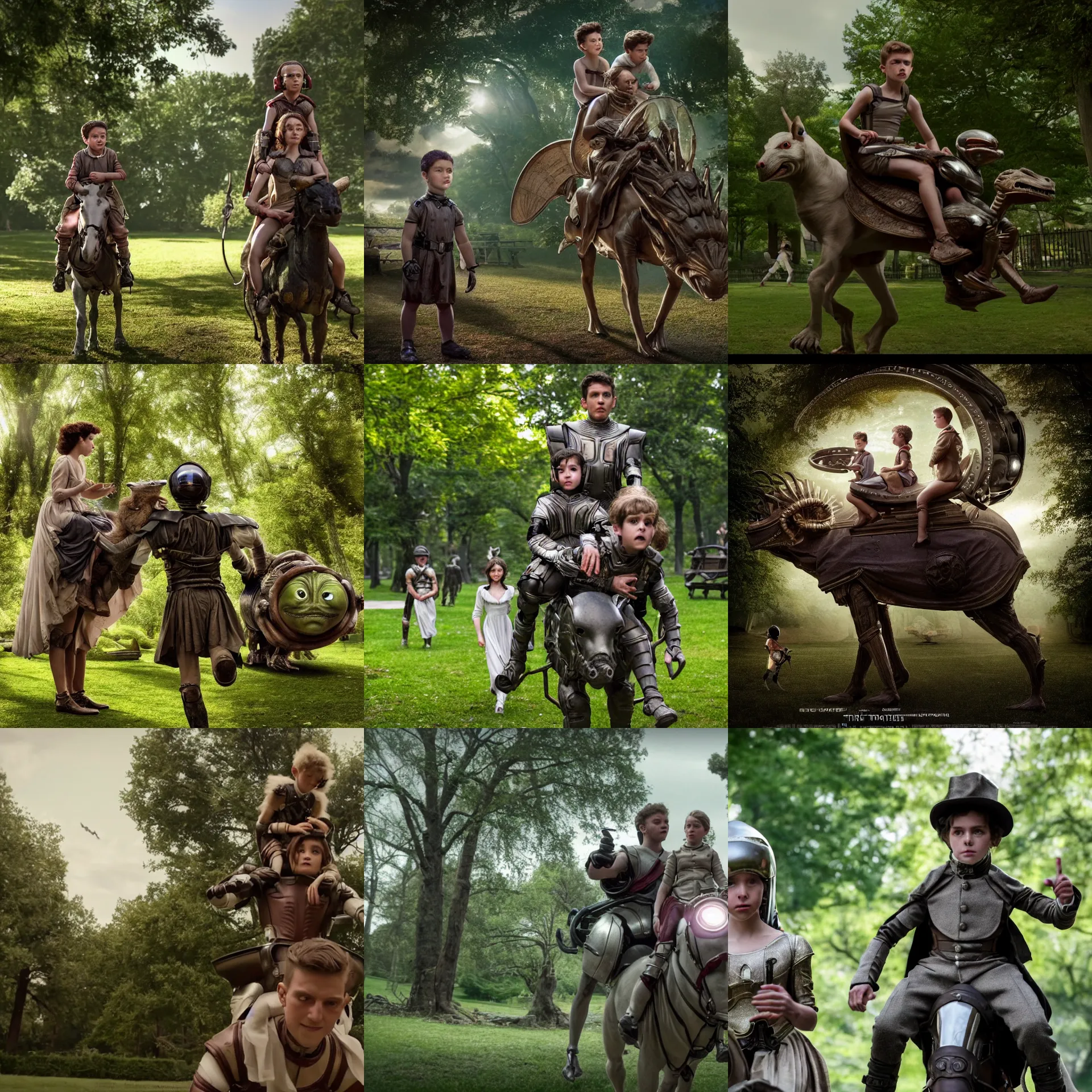 Prompt: sharp, highly detailed, film from a 2 0 1 9 sci fi 8 k movie, time travelers appear in a park, a boy from the roman empire and a girl riding on the back of a small alien creature from an alternate 1 8 5 0, each wearing correct era clothes, atmospheric lighting, in focus, reflective eyes, 3 5 mm macro lens, nice composition