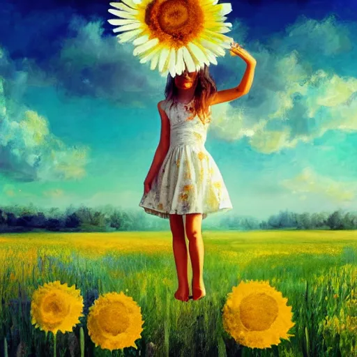 Prompt: head made of giant daisies, girl standing barefoot in a vast flower field, holding chest, surreal photography, sunrise dramatic light, impressionist painting, colorful clouds, large sky, digital painting, artstation, simon stalenhag, flower face