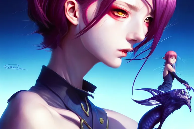 Image similar to surrealistic summoner girl fighting against surrealistic creatures, occlusion shadow, specular reflection, rim light, unreal engine, artgerm, artstation, art by hiroaki samura and ilya kuvshinov and ossdraws, intricate, highly detailed 8 k, fantasy illustration, extremely beautiful and aesthetic shape of face and clothes, movie poster