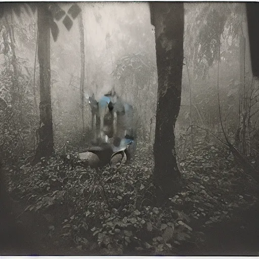 Image similar to an ancient evil-girl devouring the human souls on a mysterious Colombian jungle, mist, abandoned house, 1910 polaroid photography, grainy film, Black and white