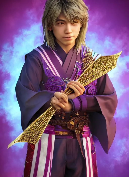 Image similar to An epic fantasy comic book style portrait painting of teenager boy with straight indigo hair, purple eyes with red eye markers, slim body, wearing a detailed Japanese kimono with golden armor pieces, holding a japanese fan. Unreal 5, DAZ, hyperrealistic, octane render, cosplay, RPG portrait, dynamic lighting