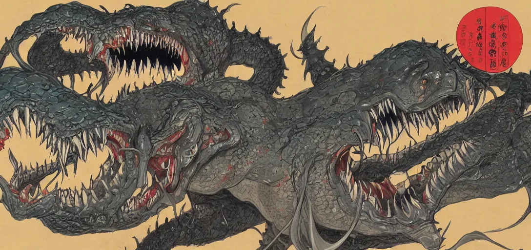 Prompt: concept art of chinese draggon attack, lovecraftian, lots of teeth, melting horror, fighting the horrors of the unknown with laser guns, ukio - e