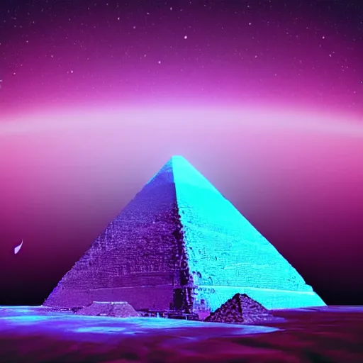 Prompt: painting of the great pyramid, surrounded by purple aura, beam of light emitting from the peak, star-filled night sky, 3d art, detailed