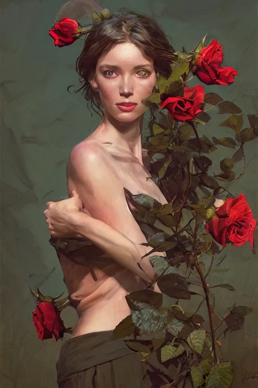 Prompt: sargent and leyendecker and greg hildebrandt, head and shoulders portrait of a beautiful girl and roses in the world of andrew wyeth, stephen bliss, unreal engine, fantasy art by greg rutkowski, loish, rhads, ferdinand knab, makoto shinkai, ilya kuvshinov, rossdraws, global illumination, radiant light, detailed and intricate environment