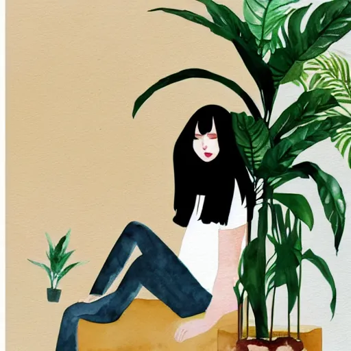 Image similar to a room full of beautiful house plants and a pretty woman with pale skin, long black hair with bangs, wearing shorts and t shirt, abstract, golden light, beautiful watercolor art trending on artstation