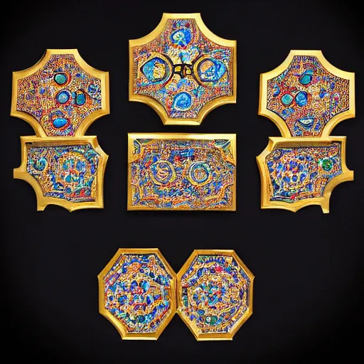 Image similar to an psychedelic intricately carved marble set with gold flourishes and diamonds of various colors in the form of hexagons against a blue ornate background