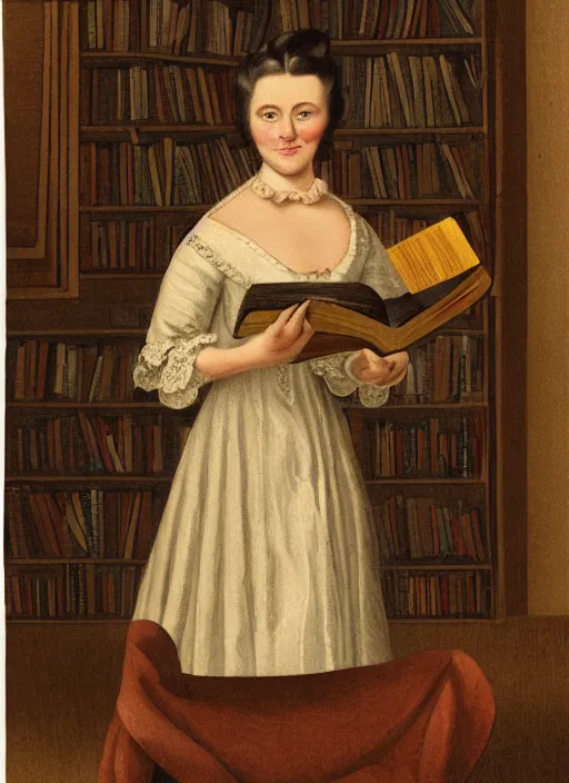 Prompt: a character portrait of a lady, centered, year 1 8 0 0, illustration, standing in front of a book!!! shelf!!! with a lot of books, facing the camera, by andrew bosley and vincent dutrait